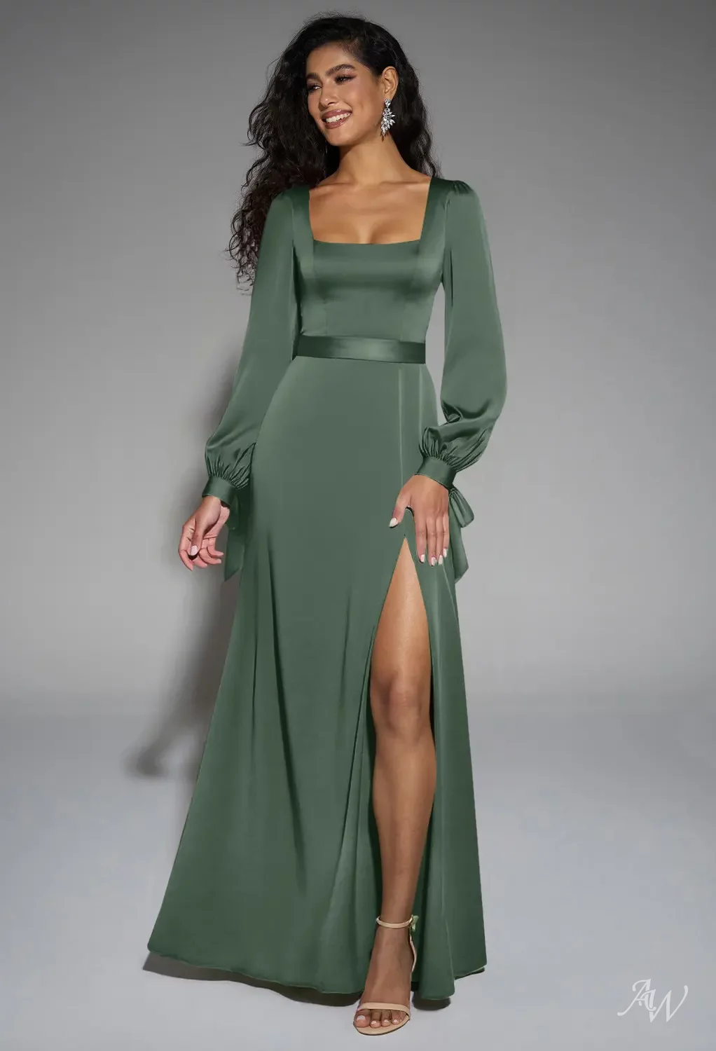 AW Rose Dress, Dark Navy Satin Charmeuse Floor Length Square